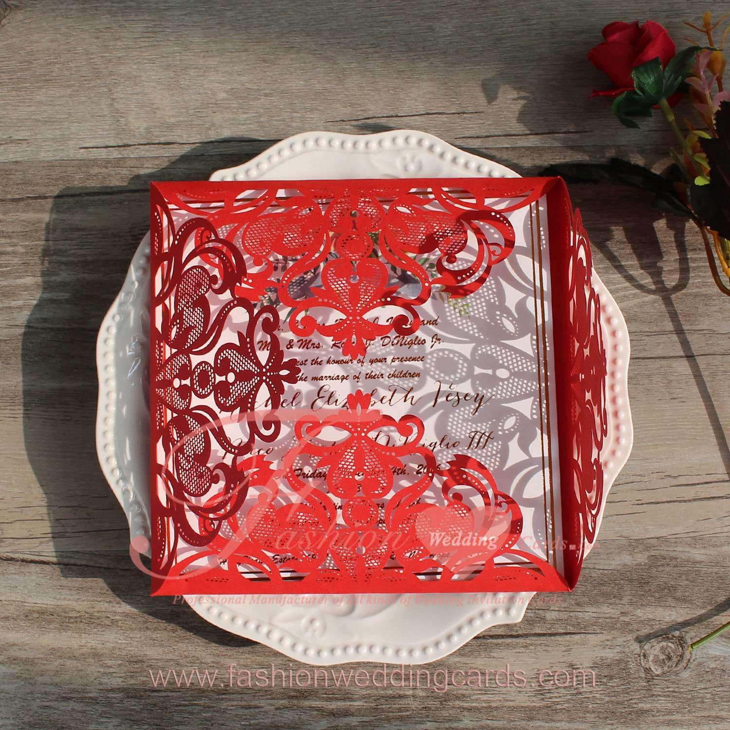 Shimmer Red Laser Cut Wedding Invitations Printed